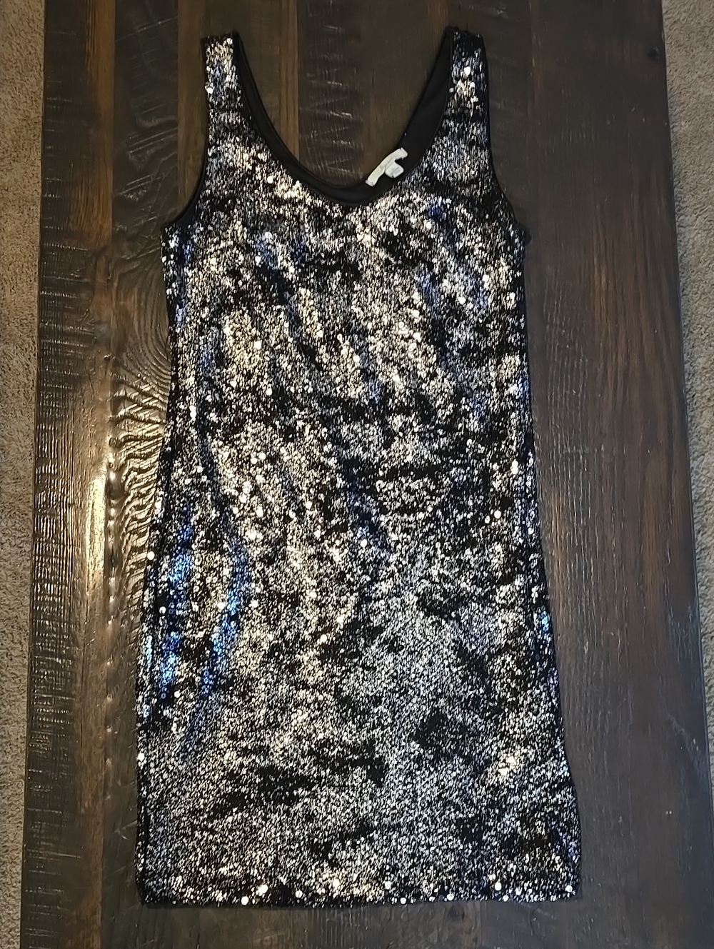 Soprano Black & Silver Sequin Scoop Neck Mini Dress